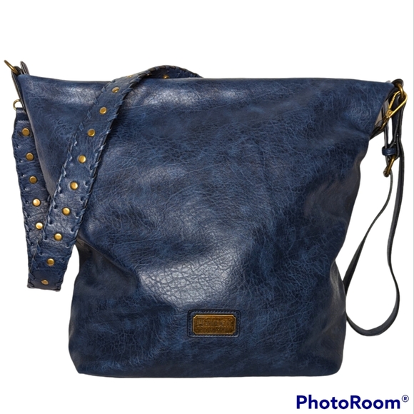Hayden-Harnett Handbag Blue Brass Studded Faux Leather Removable Strap Weekender - Picture 1 of 11